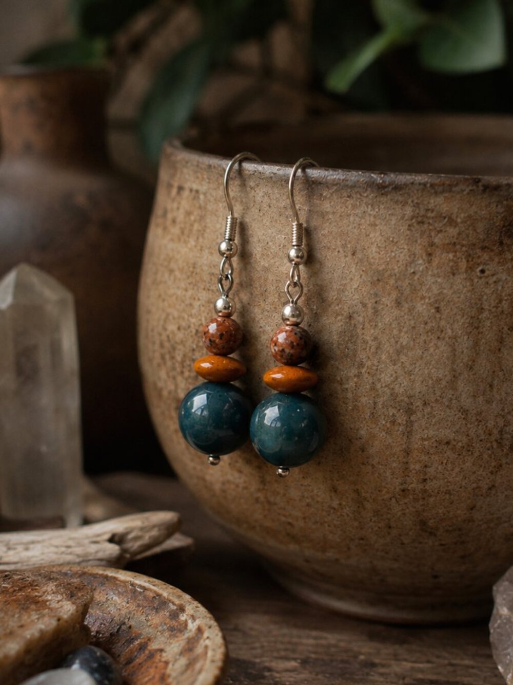 Green Agate Boho Dangle Earrings, Pagan Jewelry, Sterling Silver Nature Earrings